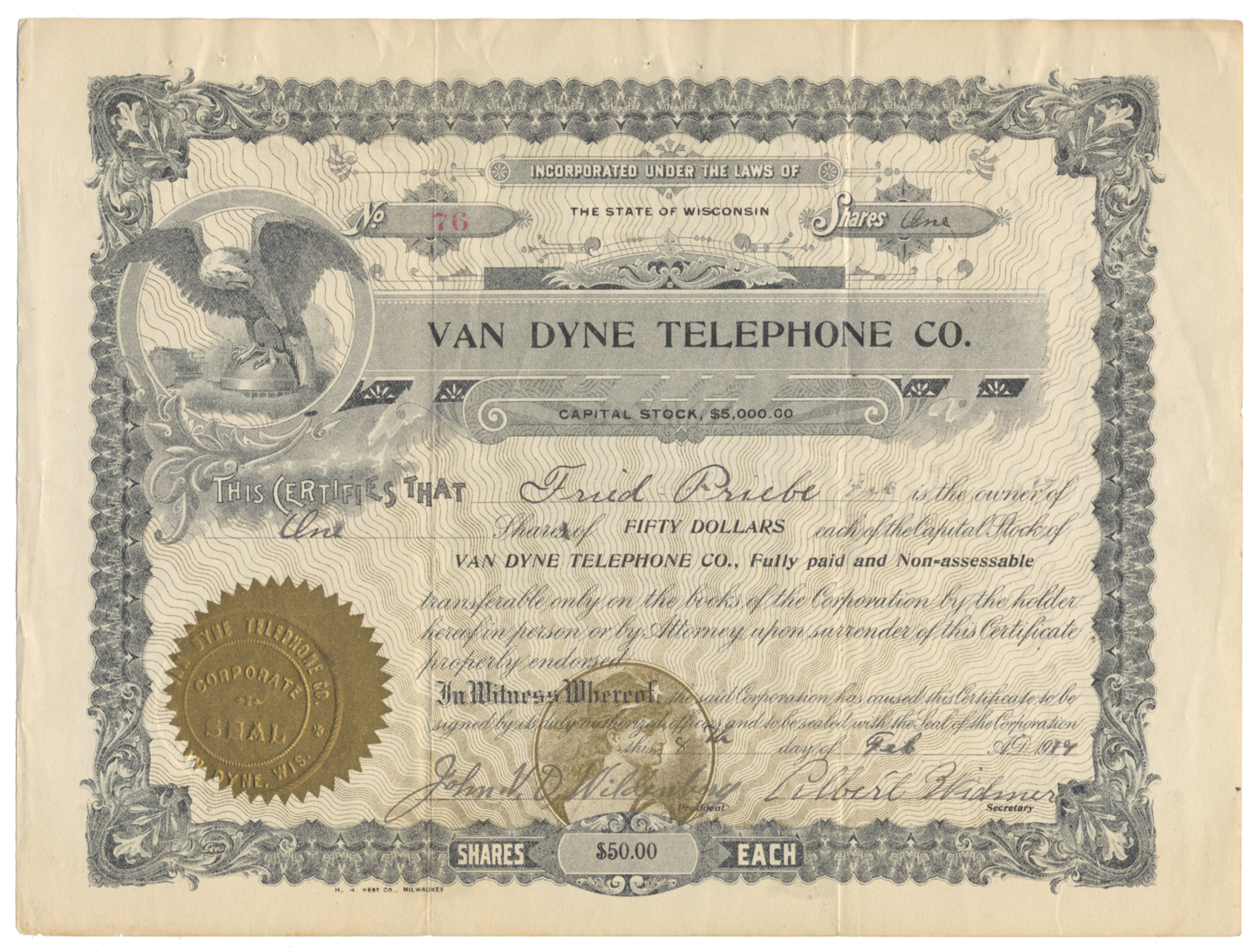 Van Dyne Telephone Company Stock Certificate