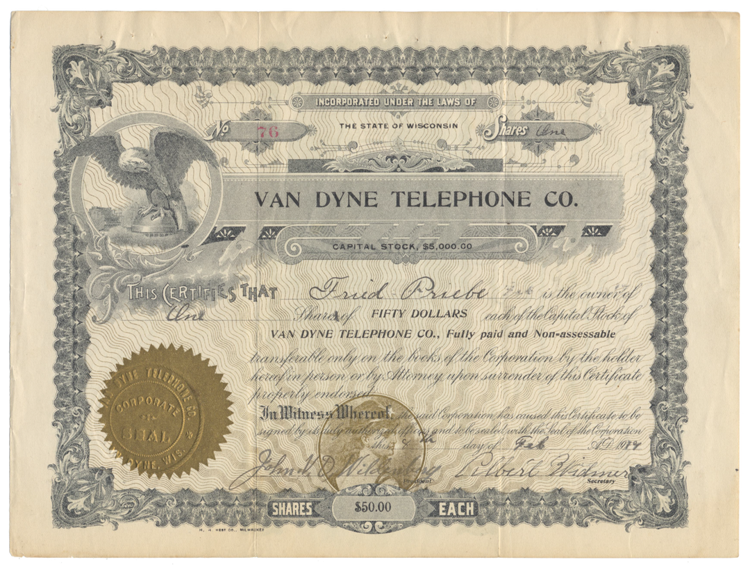 Van Dyne Telephone Company Stock Certificate