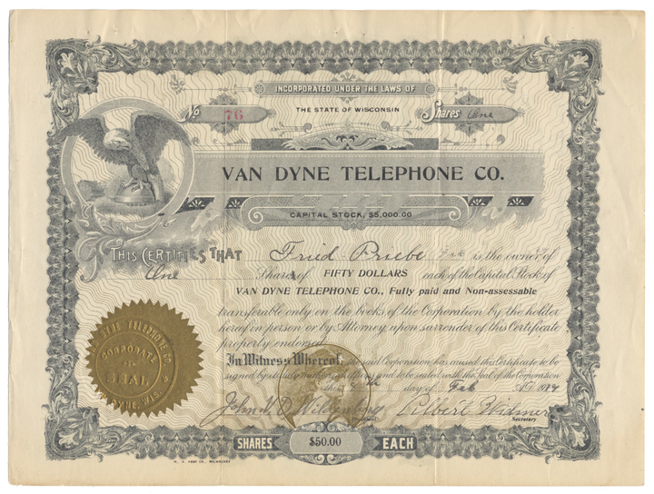 Van Dyne Telephone Company Stock Certificate