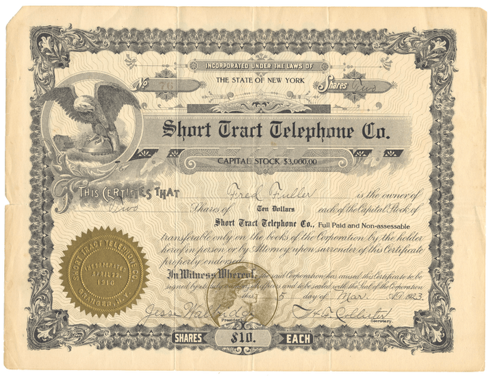 Short Tract Telephone Company Stock Certificate