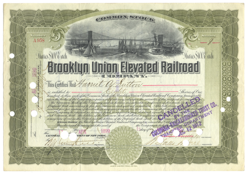 Brooklyn Union Elevated Railroad Stock Certificate