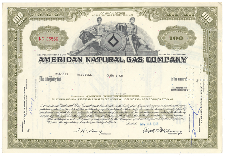 American Natural Gas Company Stock Certificate