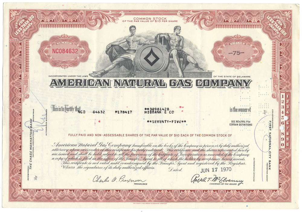 American Natural Gas Company Stock Certificate