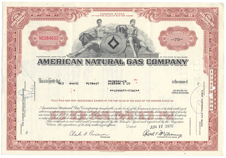 American Natural Gas Company Stock Certificate