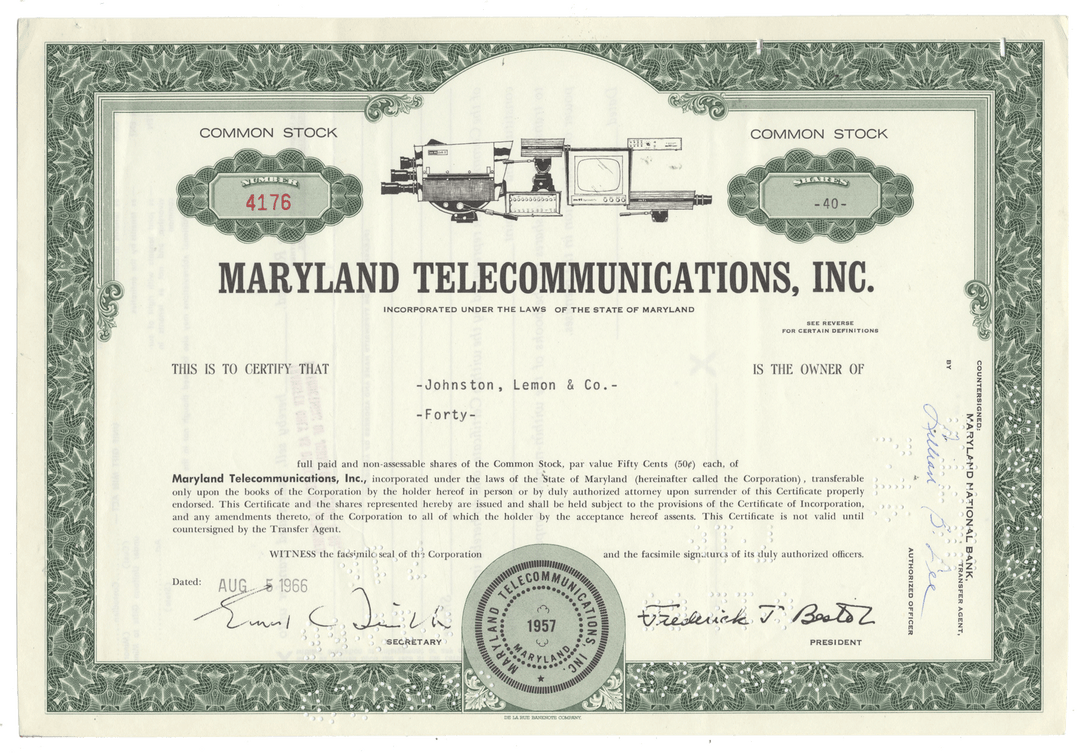 Maryland Telecommunications, Inc. stock certificate from 1966