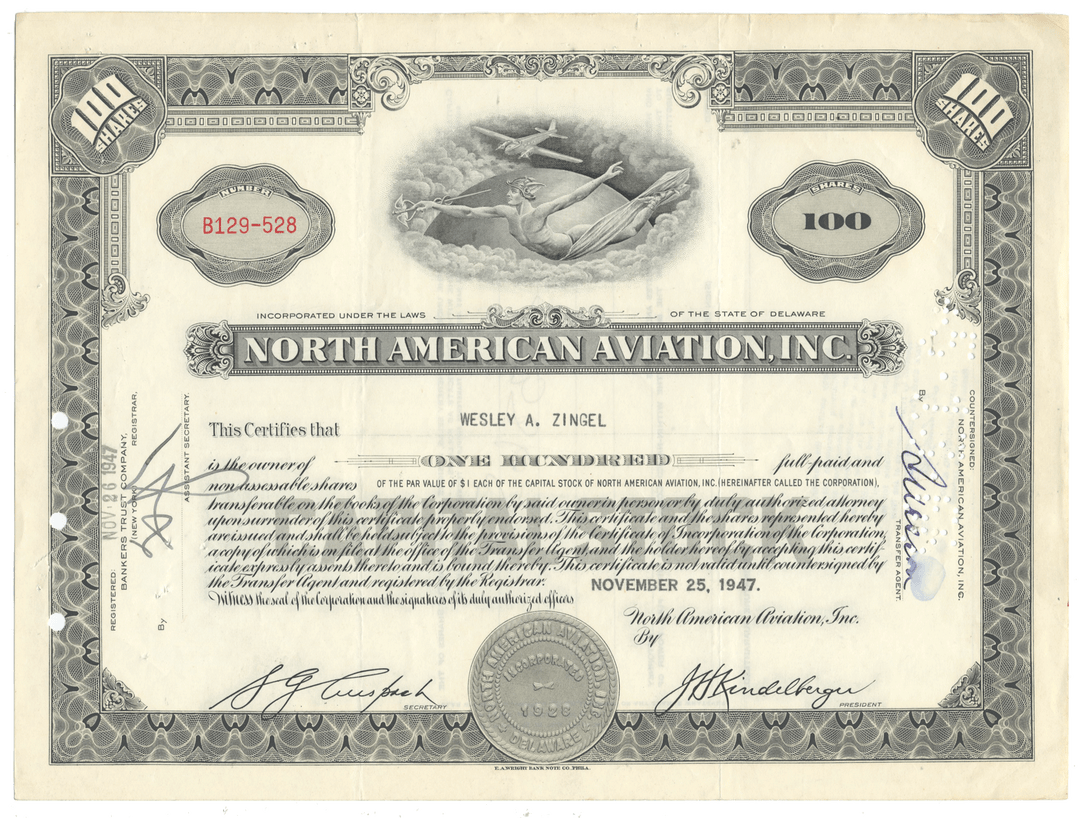 Vintage stock certificate from North American Aviation, Inc. with airplane illustration dated 1947