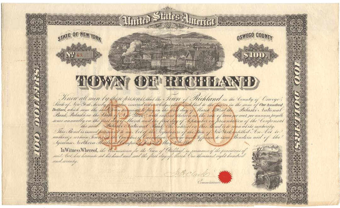 Richland, New York Bond Certificate in Aid of the Syracuse Northern Railroad Company