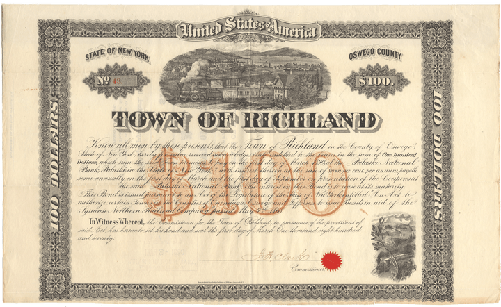 Richland, New York Bond Certificate in Aid of the Syracuse Northern Railroad Company