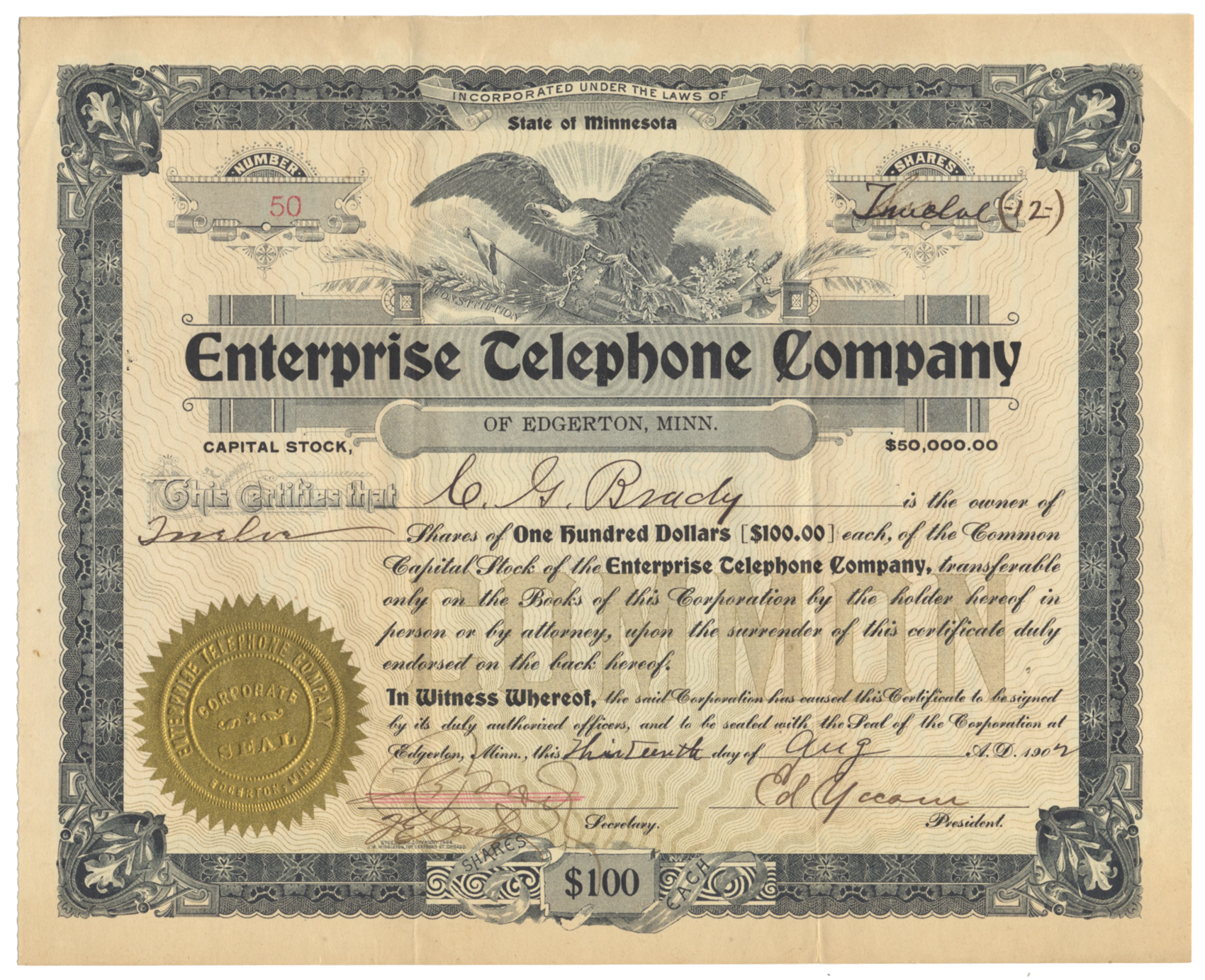 Enterprise Telephone Company Stock Certificate