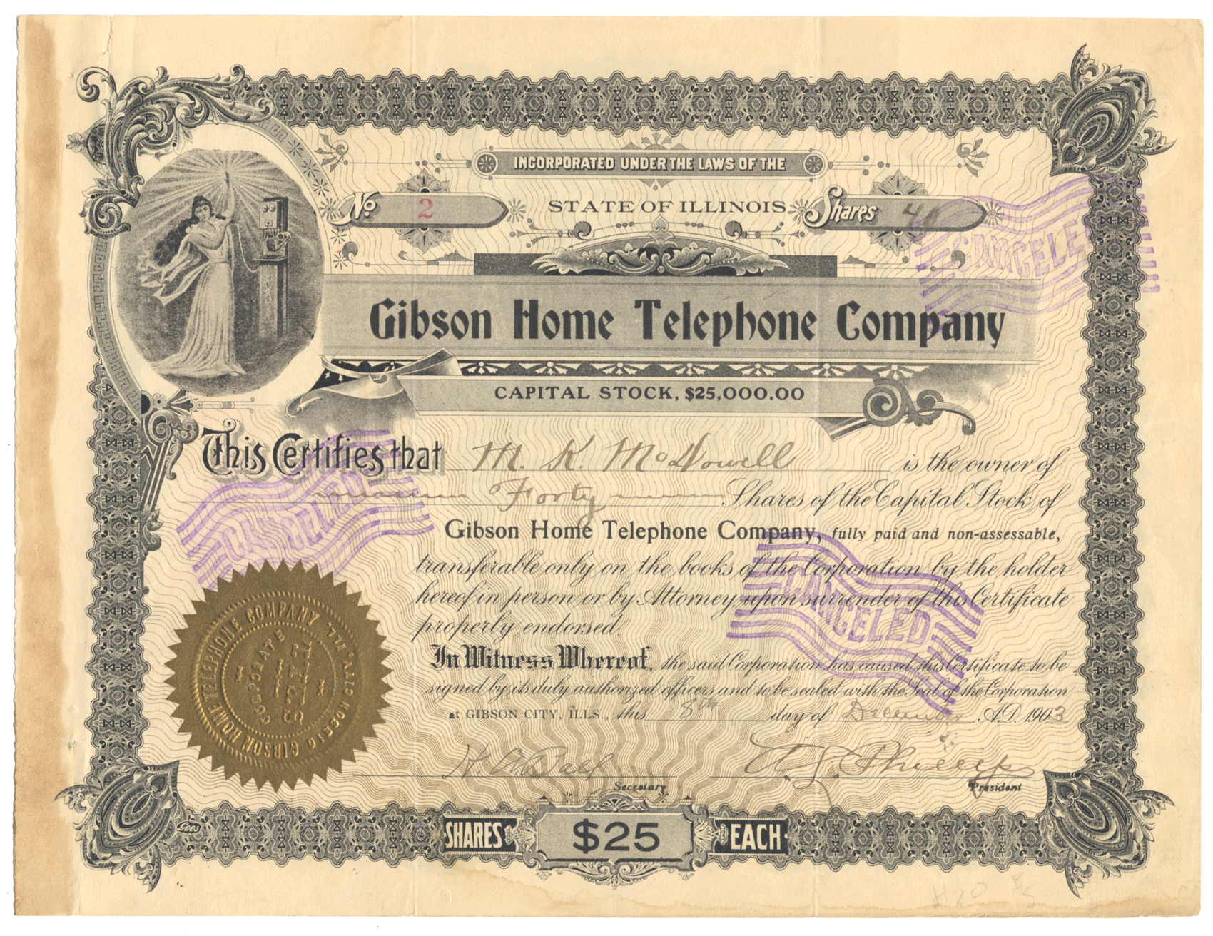 Gibson Home Telephone Company Stock Certificate