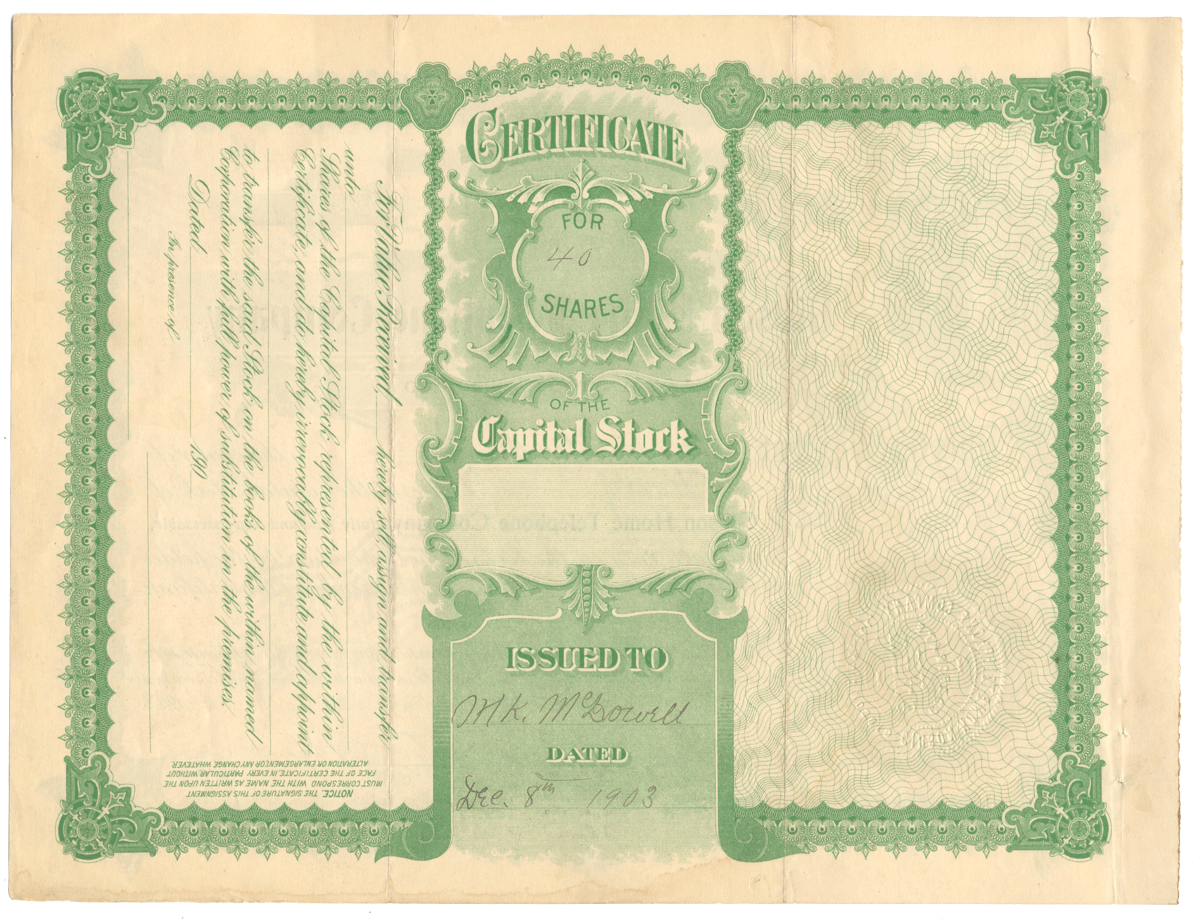 Gibson Home Telephone Company Stock Certificate