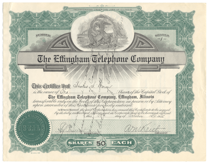 Effingham Telephone Company Stock Certificate