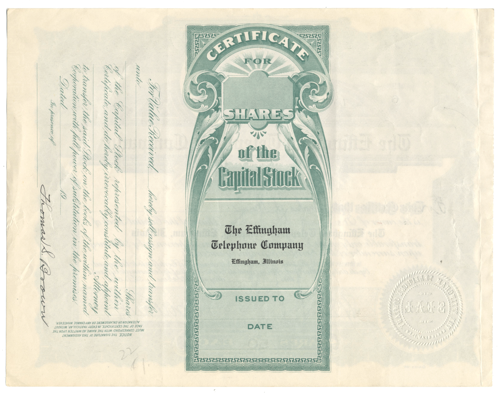 Effingham Telephone Company Stock Certificate