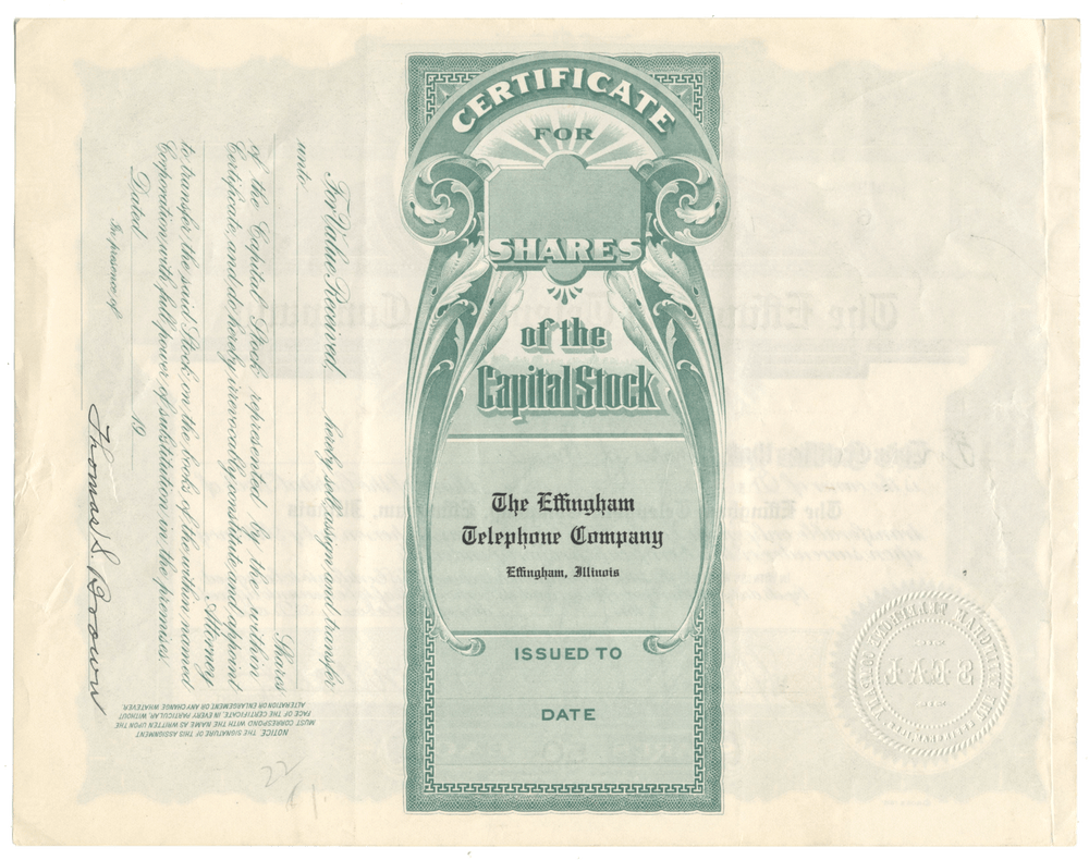 Effingham Telephone Company Stock Certificate