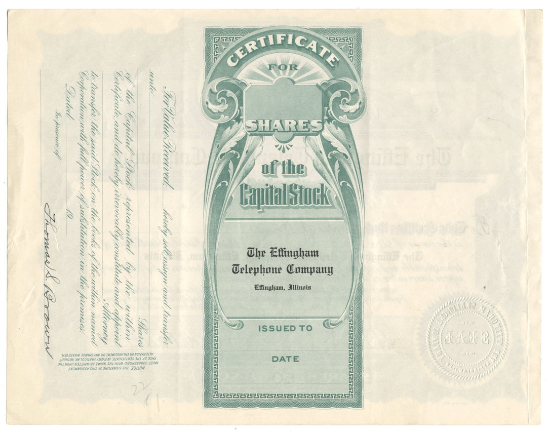 Effingham Telephone Company Stock Certificate