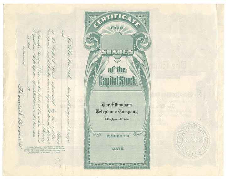 Effingham Telephone Company Stock Certificate