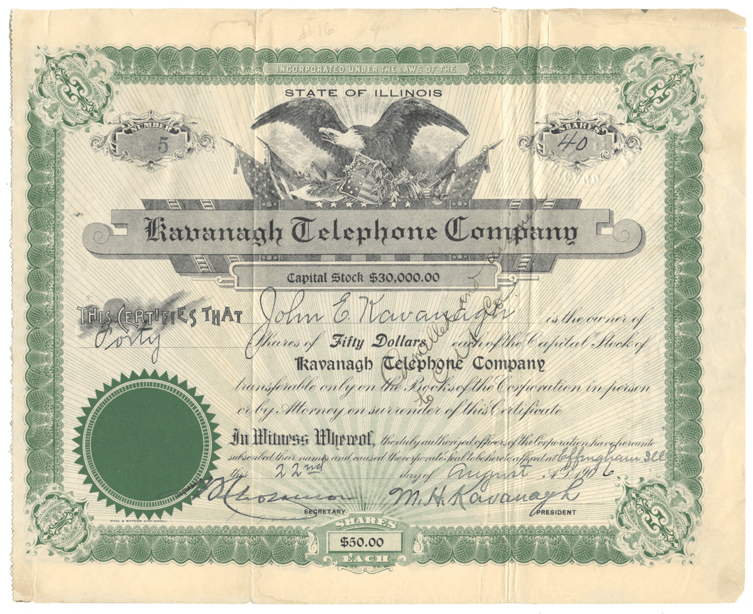 Kavanagh Telephone Company Stock Certificate