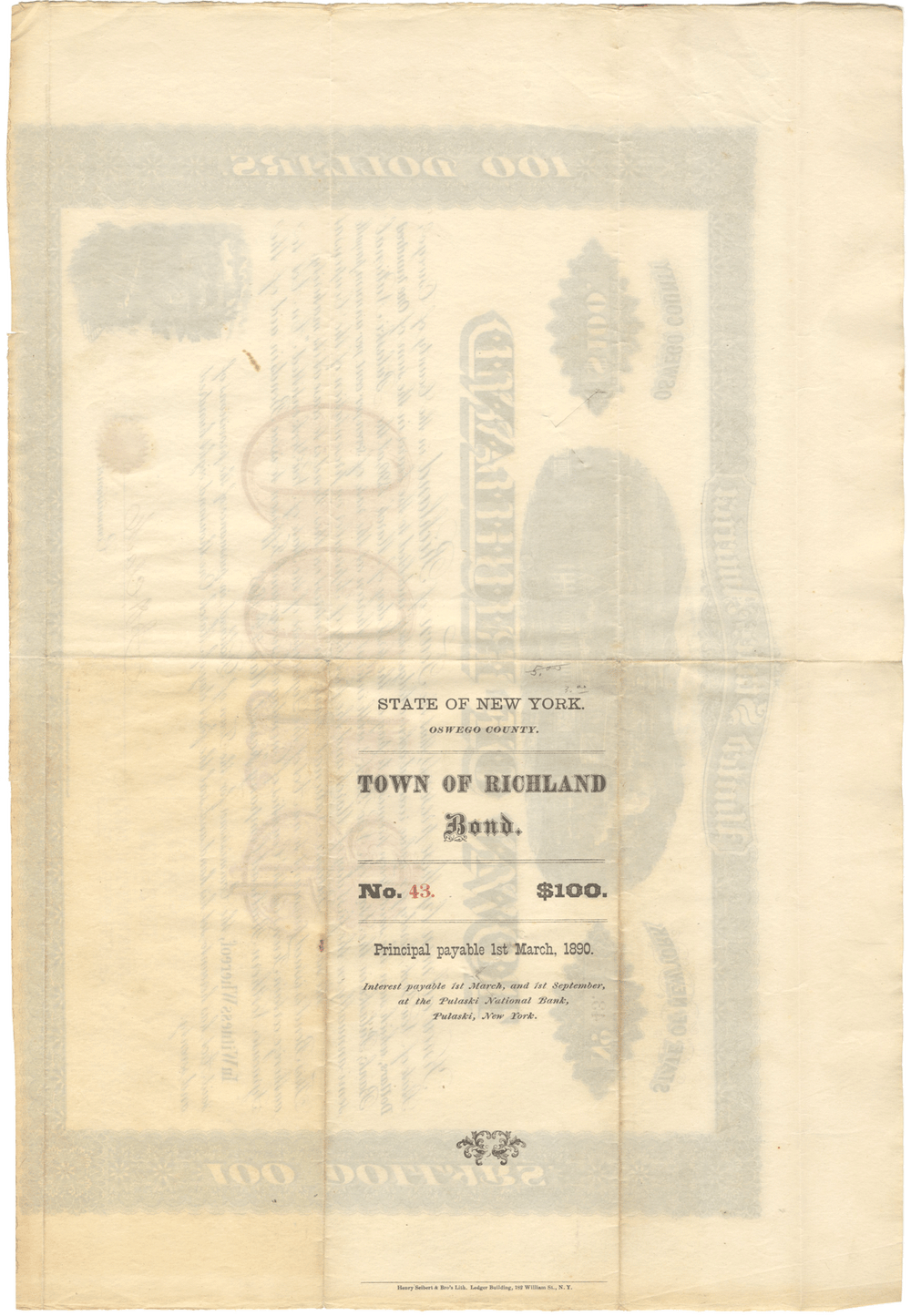 Richland, New York Bond Certificate in Aid of the Syracuse Northern Railroad Company