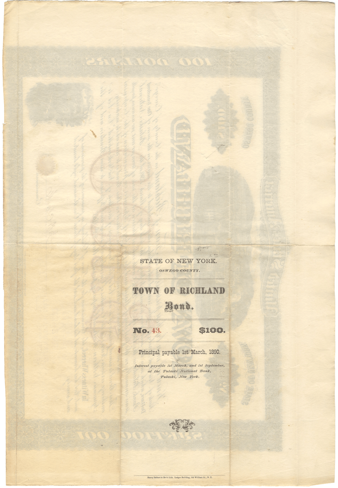 Richland, New York Bond Certificate in Aid of the Syracuse Northern Railroad Company