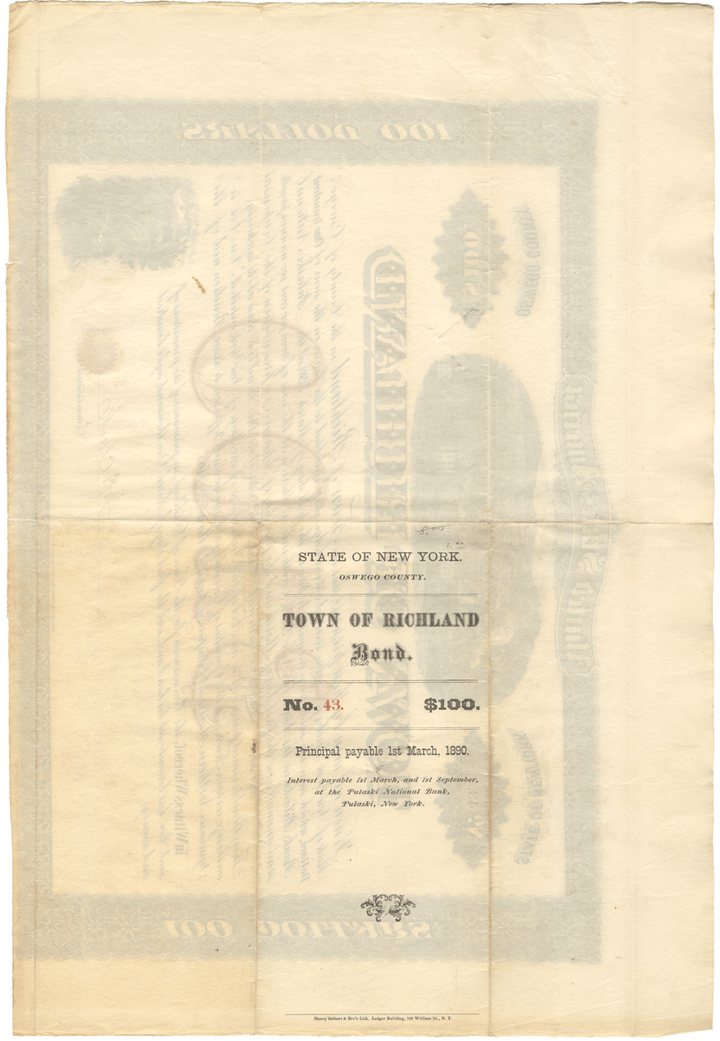 Richland, New York Bond Certificate in Aid of the Syracuse Northern Railroad Company