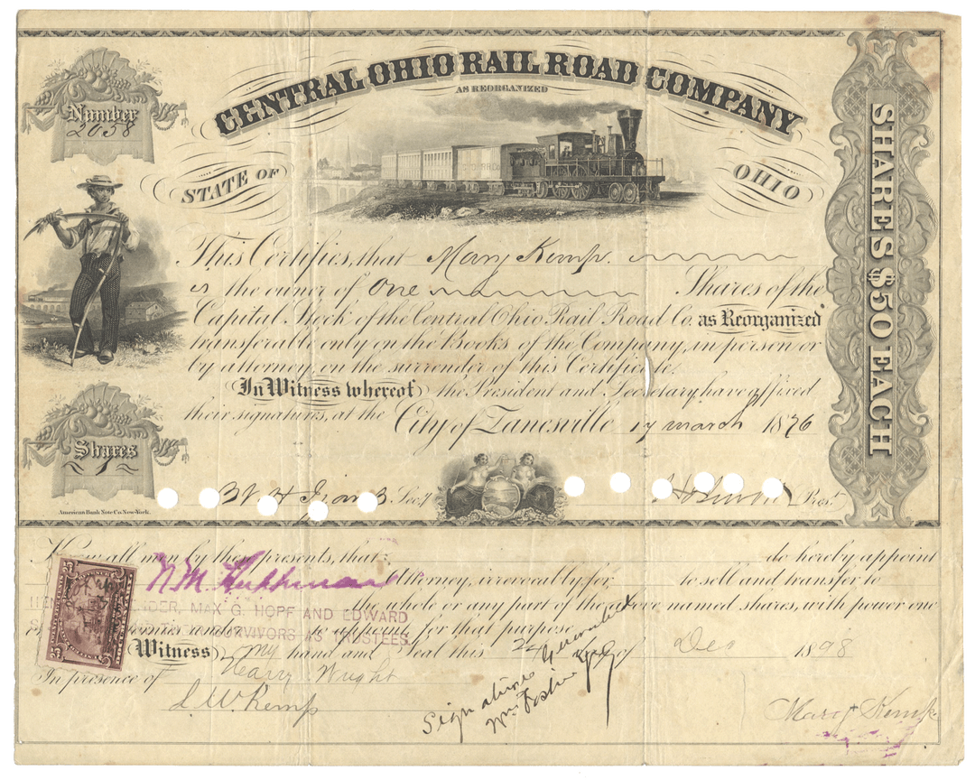 An antique vintage stock certificate from the Central Ohio Railroad Company, dated 1876, with a train illustration, and handwritten signatures.