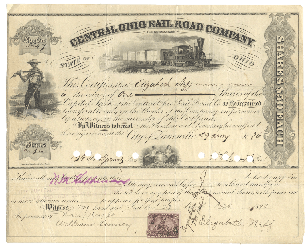 Stock certificate from the Central Ohio Railroad Company with a steam locomotive illustration from 1876
