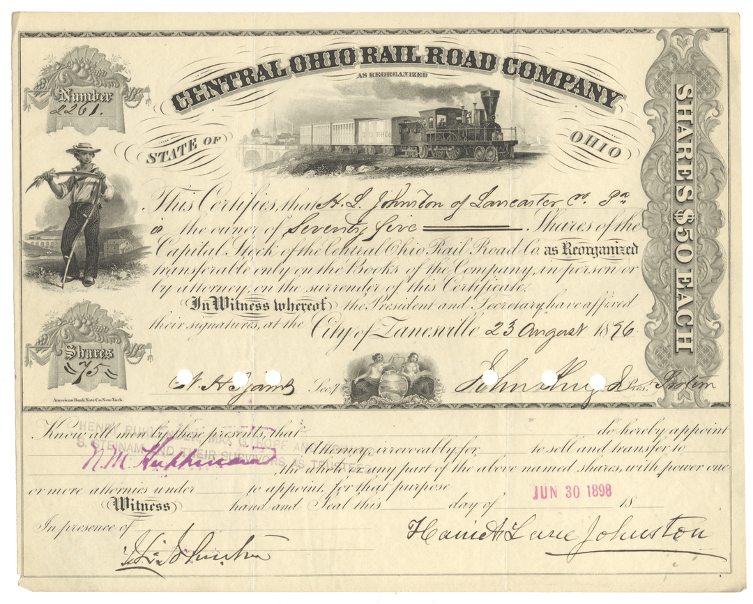 Central Ohio Rail Road Company stock certificate from 1876