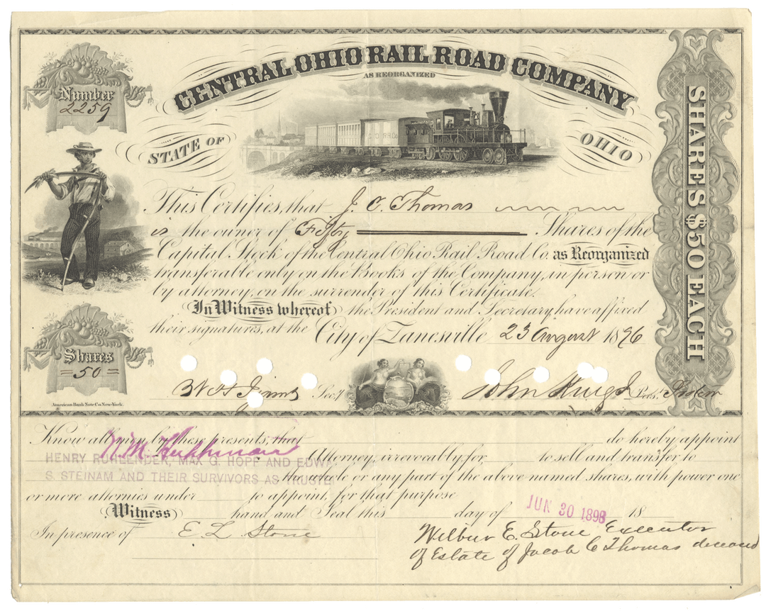 Share certificate from the Central Ohio Rail Road Company with a steam locomotive illustration.