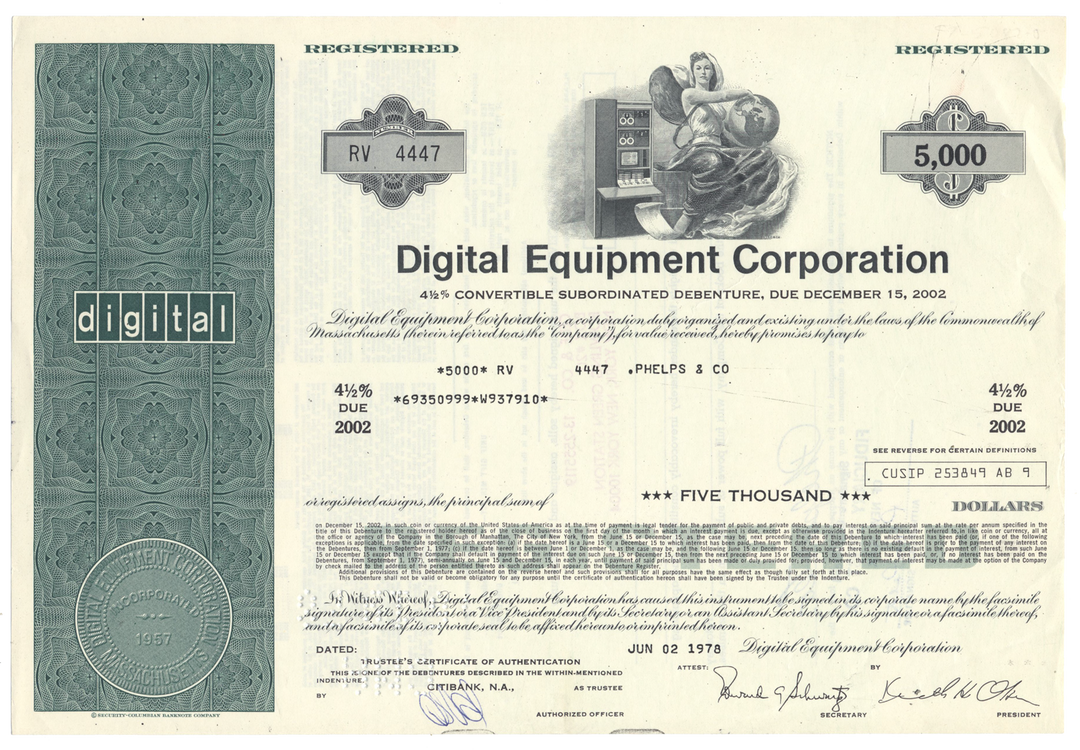 Digital Equipment Corporation Bond Certificate