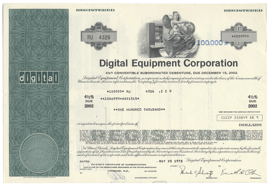 Digital Equipment Corporation bond certificate with vintage design elements.