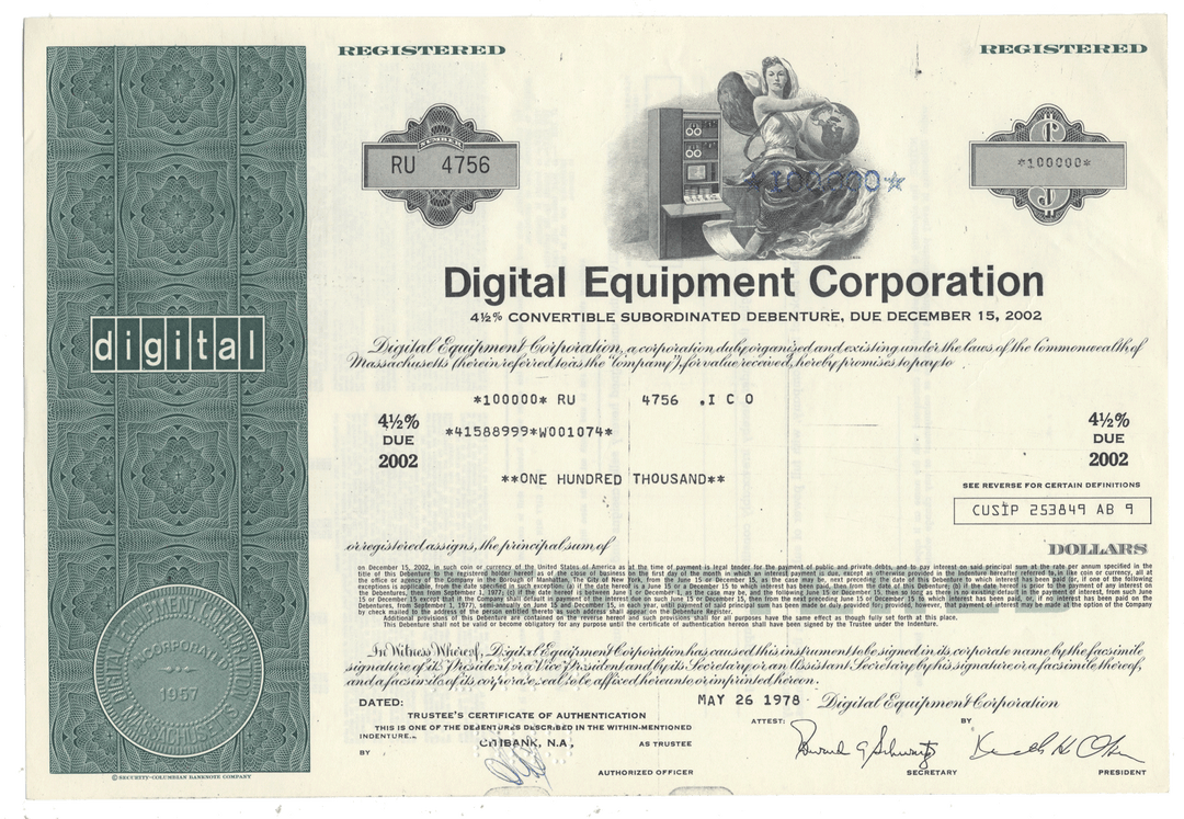 Digital Equipment Corporation bond certificate from 1978