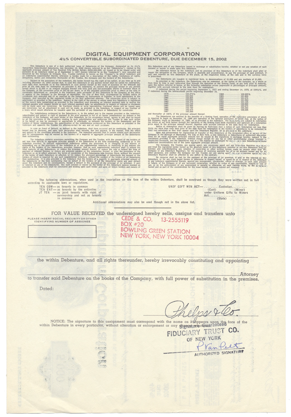 Digital Equipment Corporation Bond Certificate