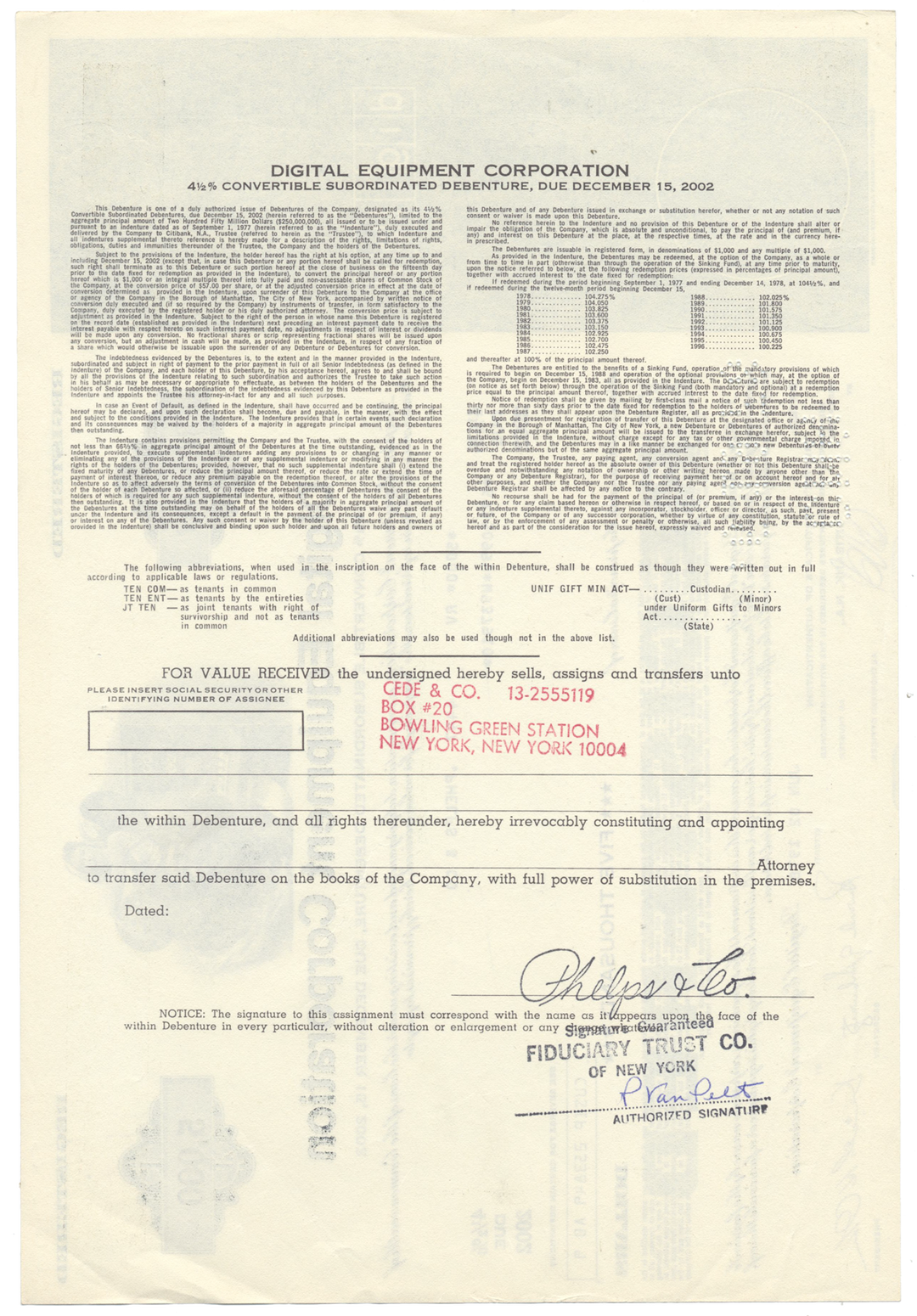 Digital Equipment Corporation Bond Certificate