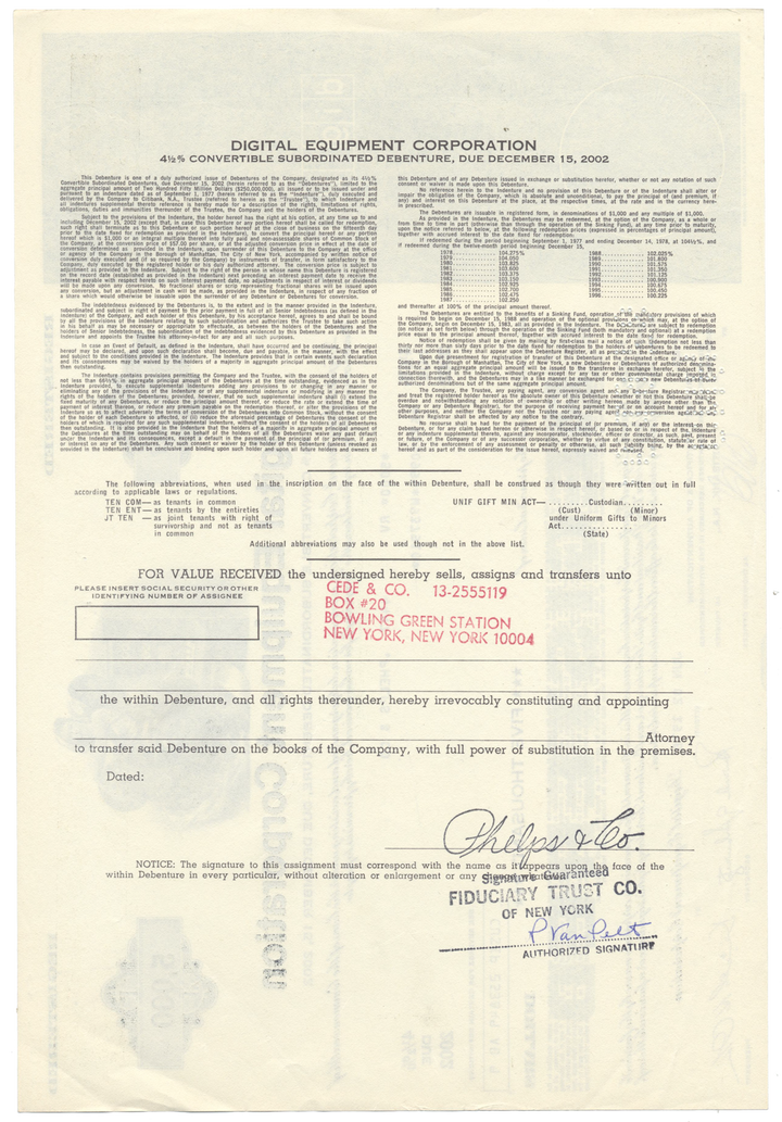 Digital Equipment Corporation Bond Certificate