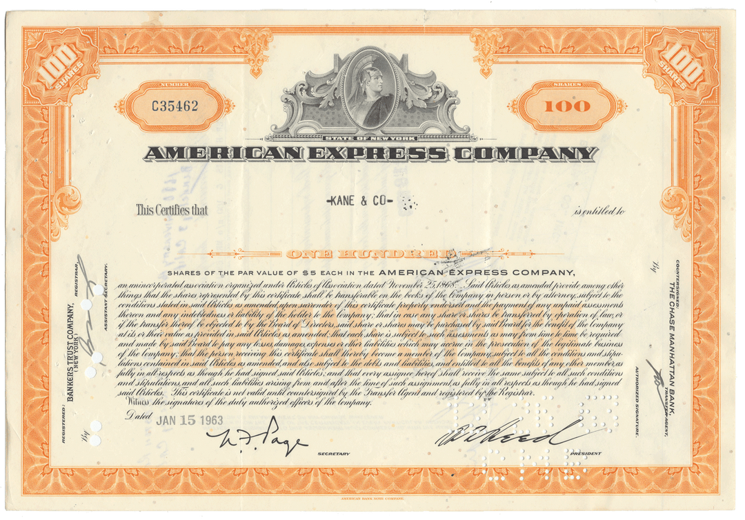 Vintage American Express Company stock certificate with orange border