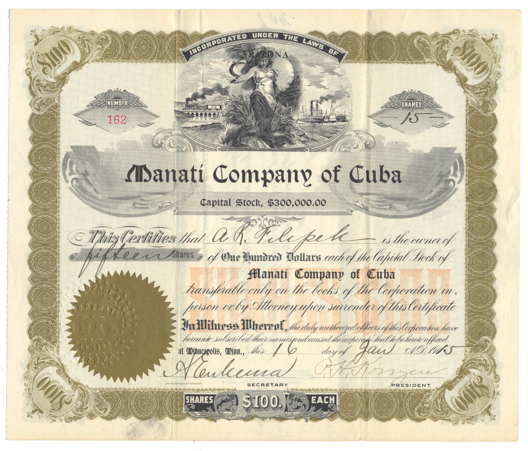 Manati Company of Cuba Stock Certificate