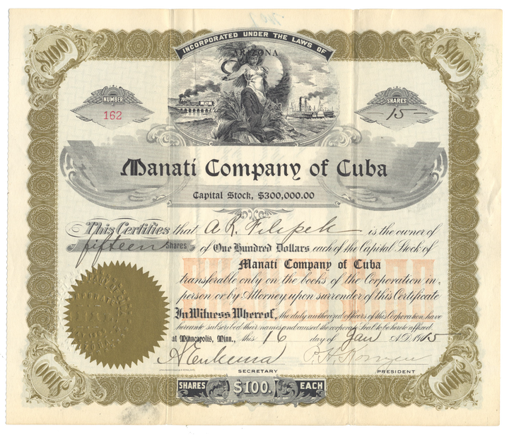 Manati Company of Cuba Stock Certificate