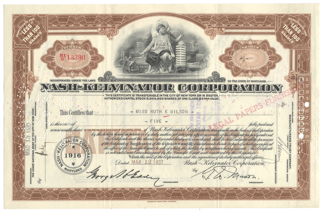 Nash - Kelvinator Corporation Stock Certificate