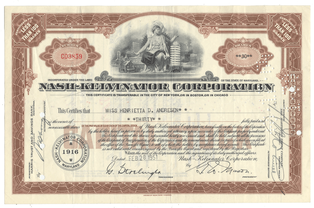 Vintage stock certificate from the Nash-Kelvinator Corporation