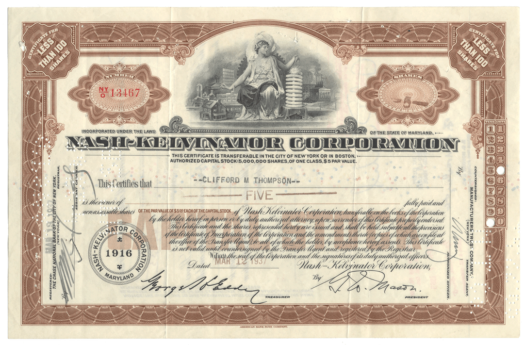 A vintage Nash-Kelvinator Corporation stock certificate from 1937