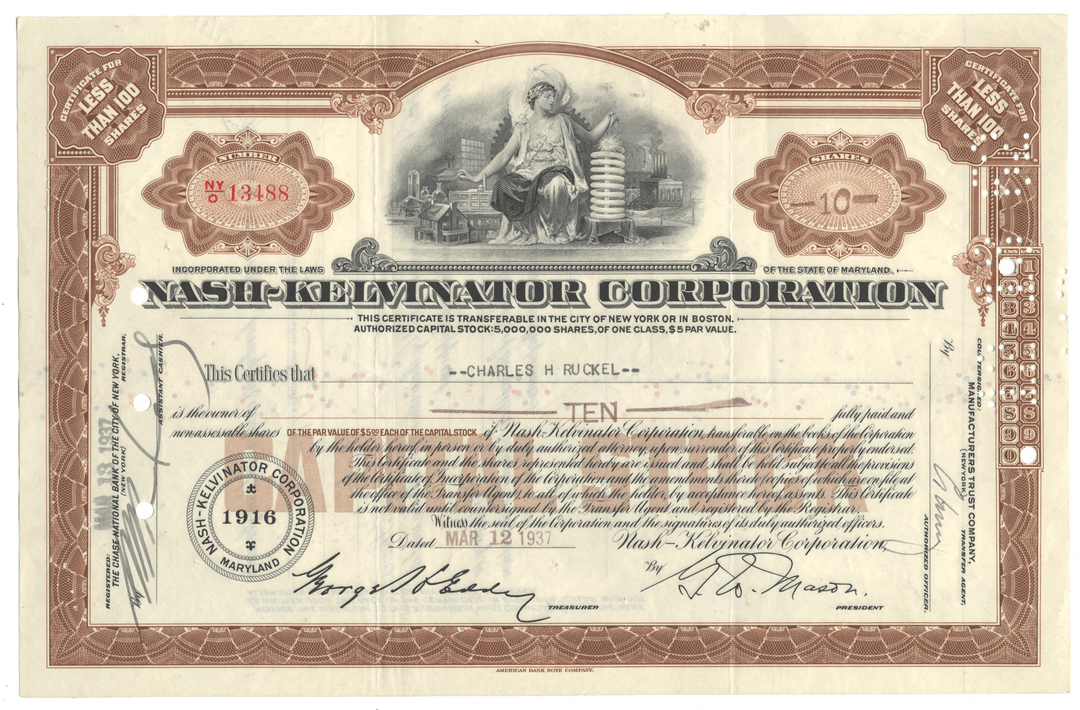 Nash-Kelvinator Corporation stock certificate from 1937 with decorative elements and text.