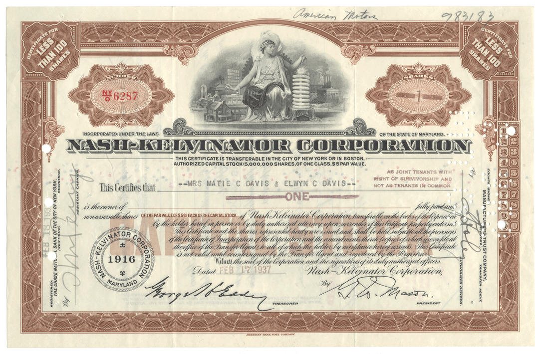 Nash-Kelvinator Corporation stock certificate  with detailed design and text.