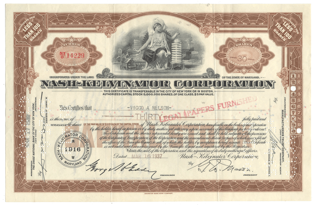 Vintage stock certificate from the Nash-Kelvinator Corporation with decorative elements and text.