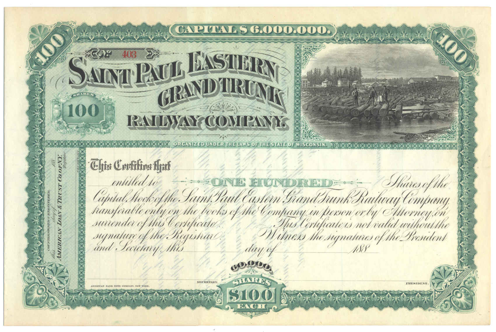 Saint Paul Eastern Grand Trunk Railway Company Stock Certificate