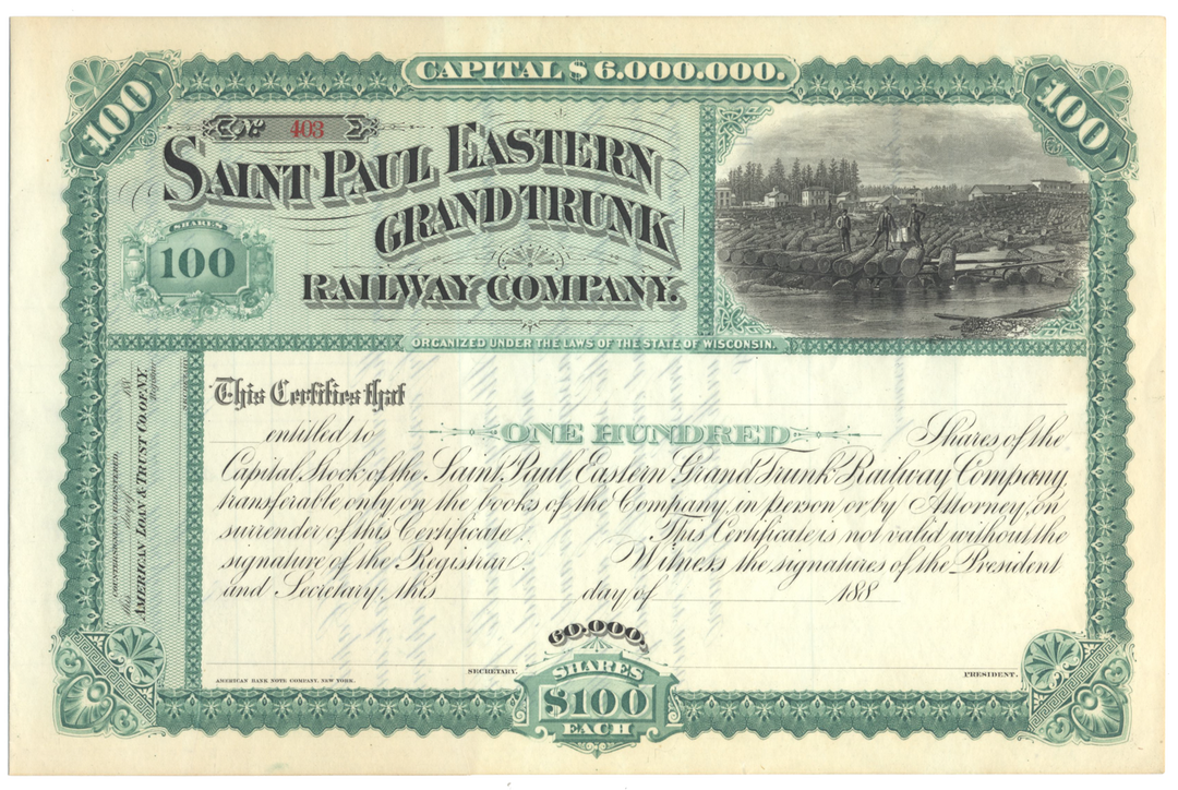 Saint Paul Eastern Grand Trunk Railway Company Stock Certificate