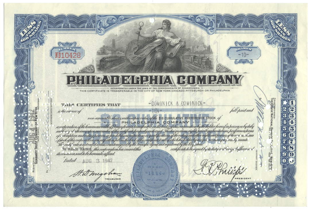 Vintage stock certificate from the Philadelphia Company with detailed design and text.