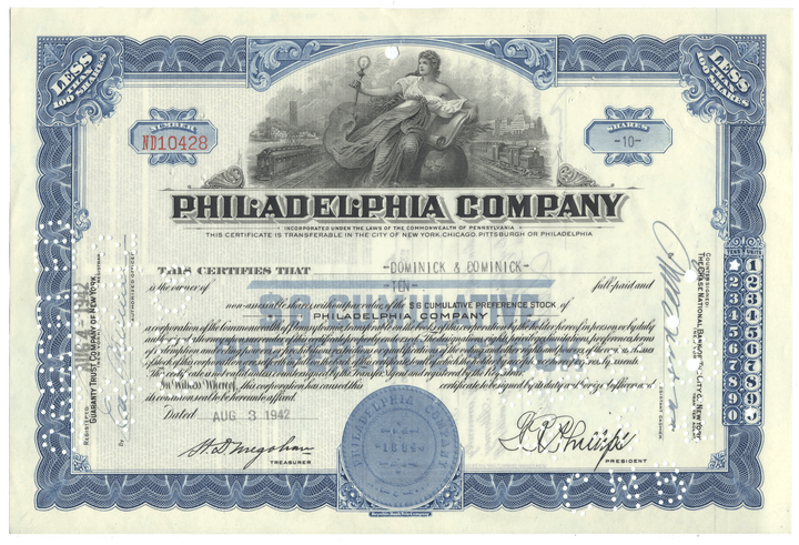 Vintage stock certificate from the Philadelphia Company with detailed design and text.
