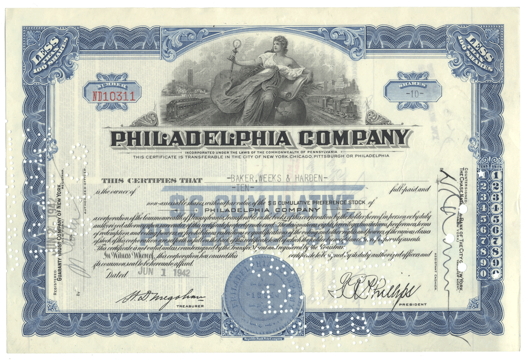 Vintage stock certificate from the Philadelphia Company with decorative elements and text.