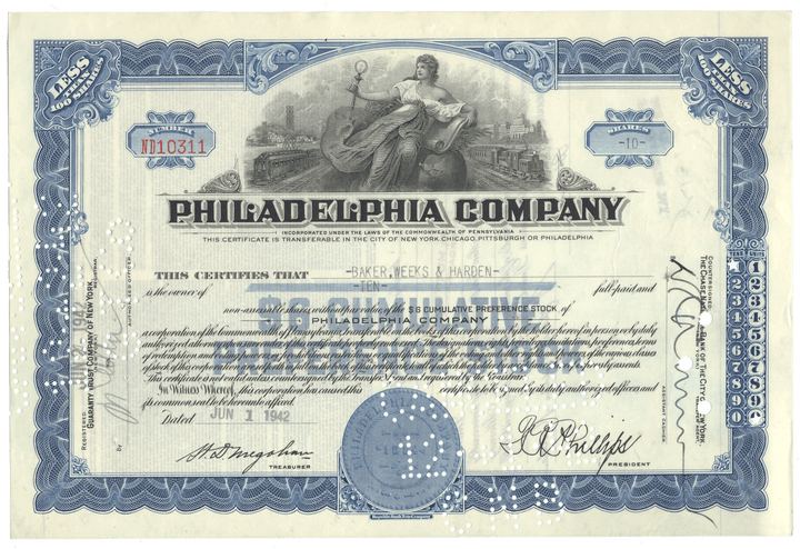 Vintage stock certificate from the Philadelphia Company with decorative elements and text.