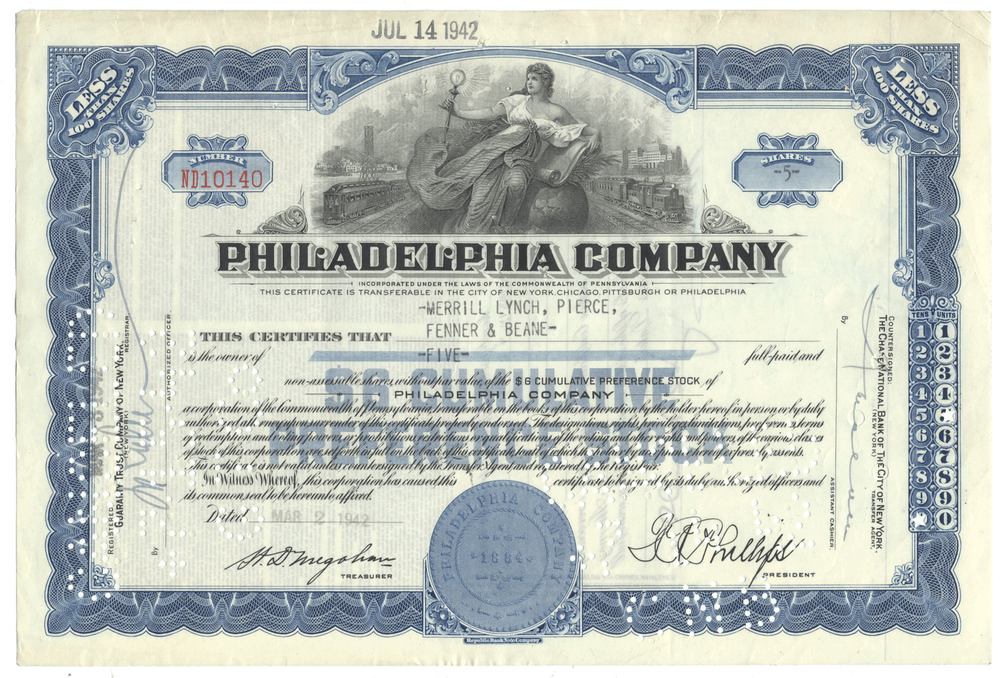 Vintage stock certificate of the Philadelphia Company with decorative elements and a statue illustration.